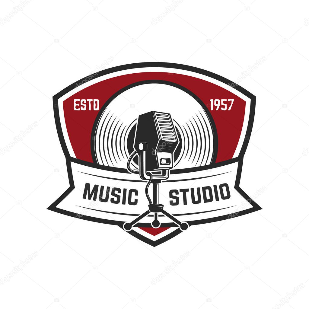 Music studio. Emblem template with retro microphone. Design element for logo, label, emblem, sign. Vector illustration