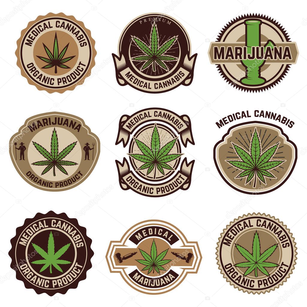 Set of vintage emblems with medical marijuana. Cannabis leaves. Design element for logo, label, emblem, sign, poster, t shirt. Vector illustration