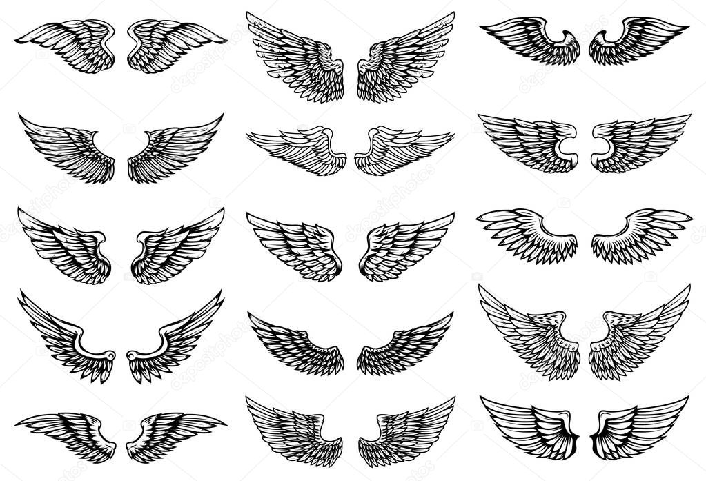 Set of bird wings illustrations in tattoo style. Design element for emblem, sign, logo, label. Vector image