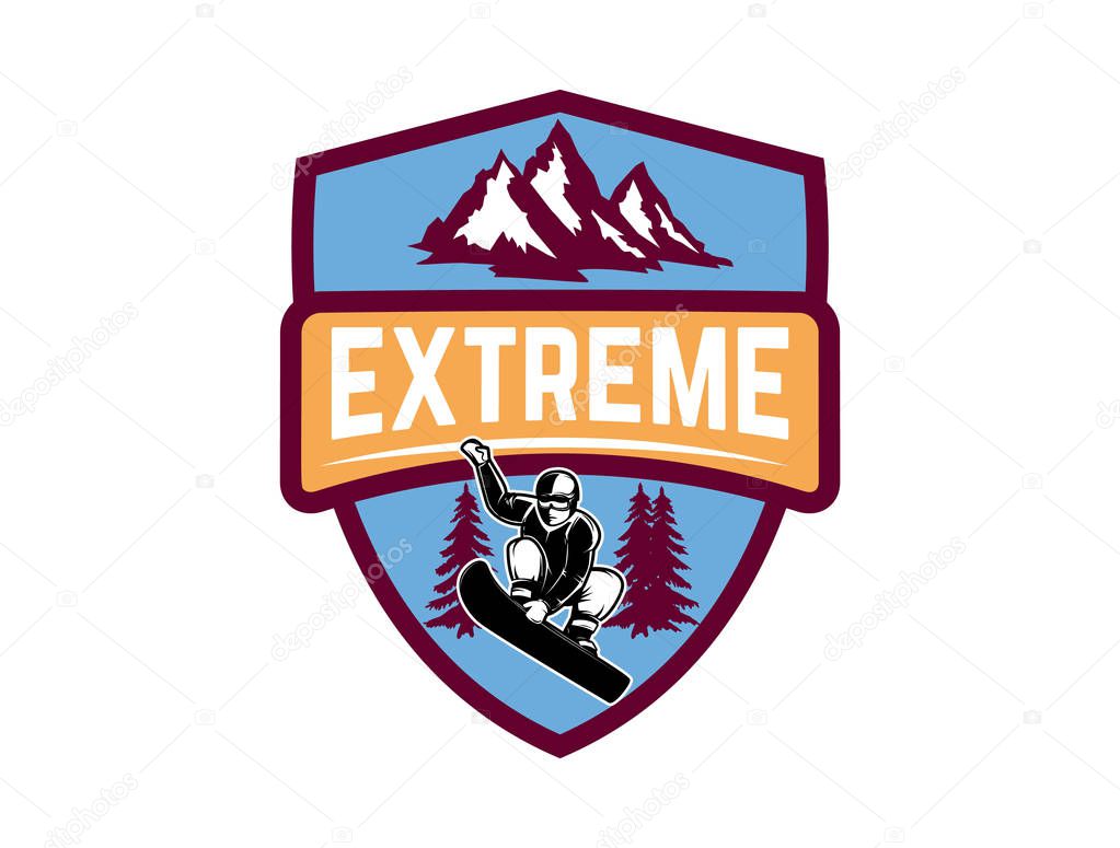 Extreme. Emblem with snowboarder. Design element for logo, label, emblem, sign. Vector illustration