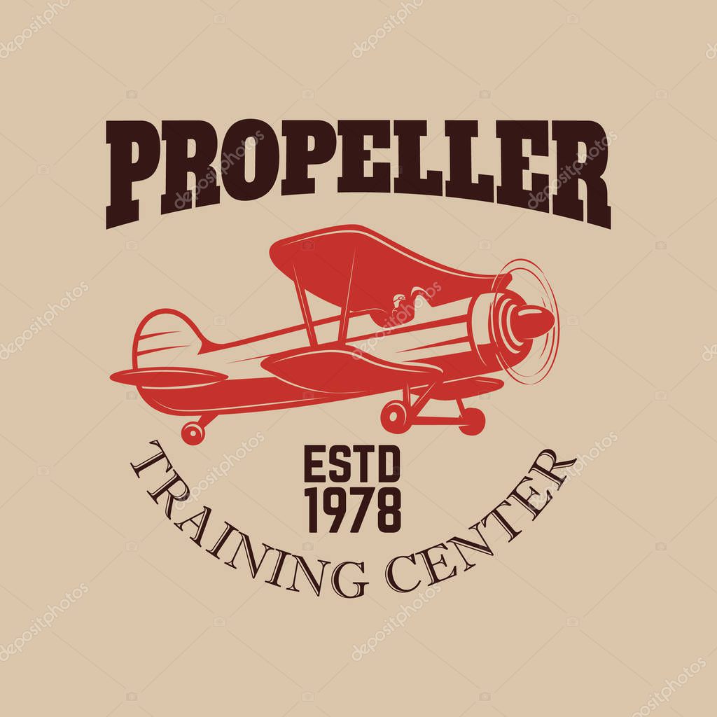 Aviation training center emblem template with retro airplane. Design element for logo, label, emblem, sign. Vector illustration