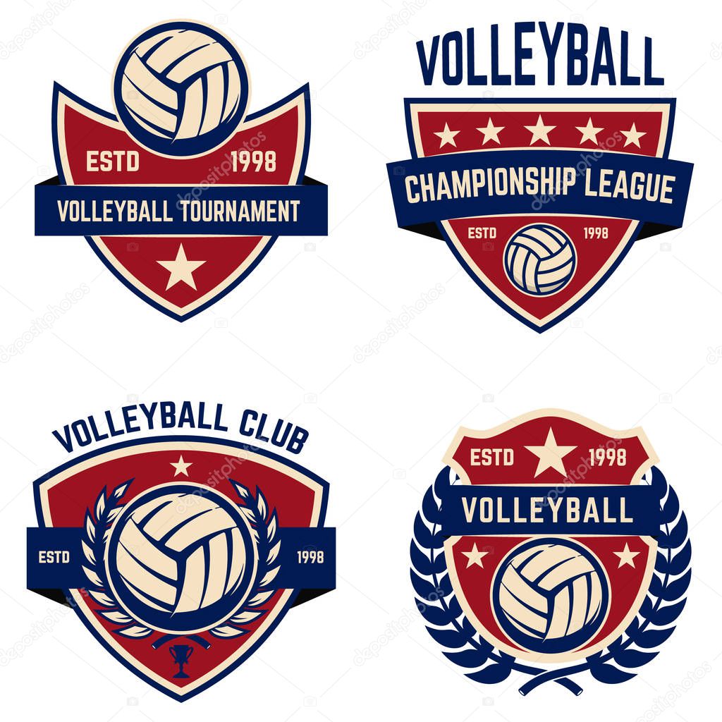Set of volleyball champions league emblems. Design elements for logo, label, emblem, sign. Vector illustration