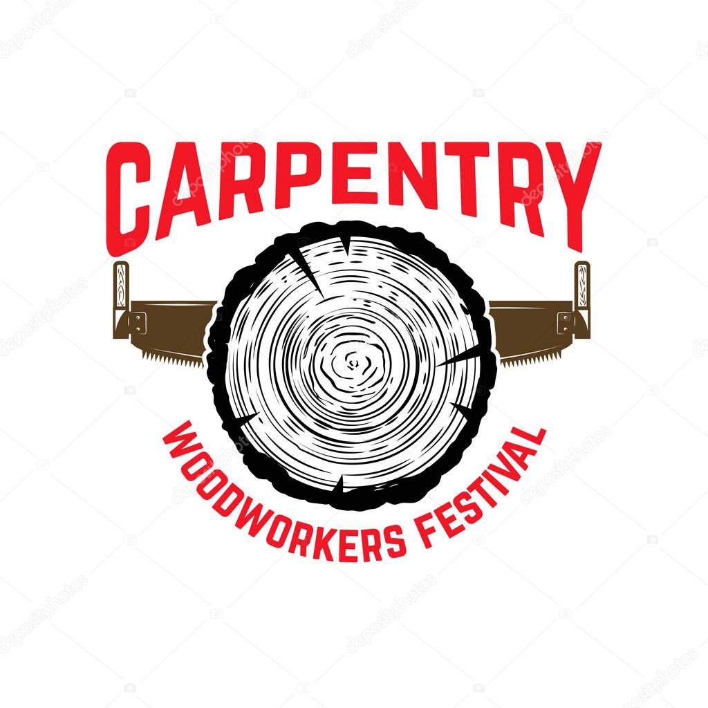 Carpentry. Emblem template with cutting wood and hand saw. Design element for logo, label, emblem, sign. Vector illustration