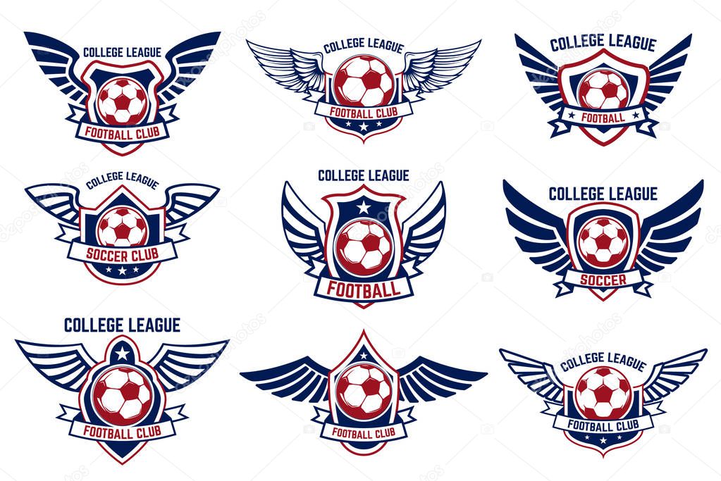 Set of winged emblems with soccer ball. Design element for logo, label, emblem, sign. Vector illustration