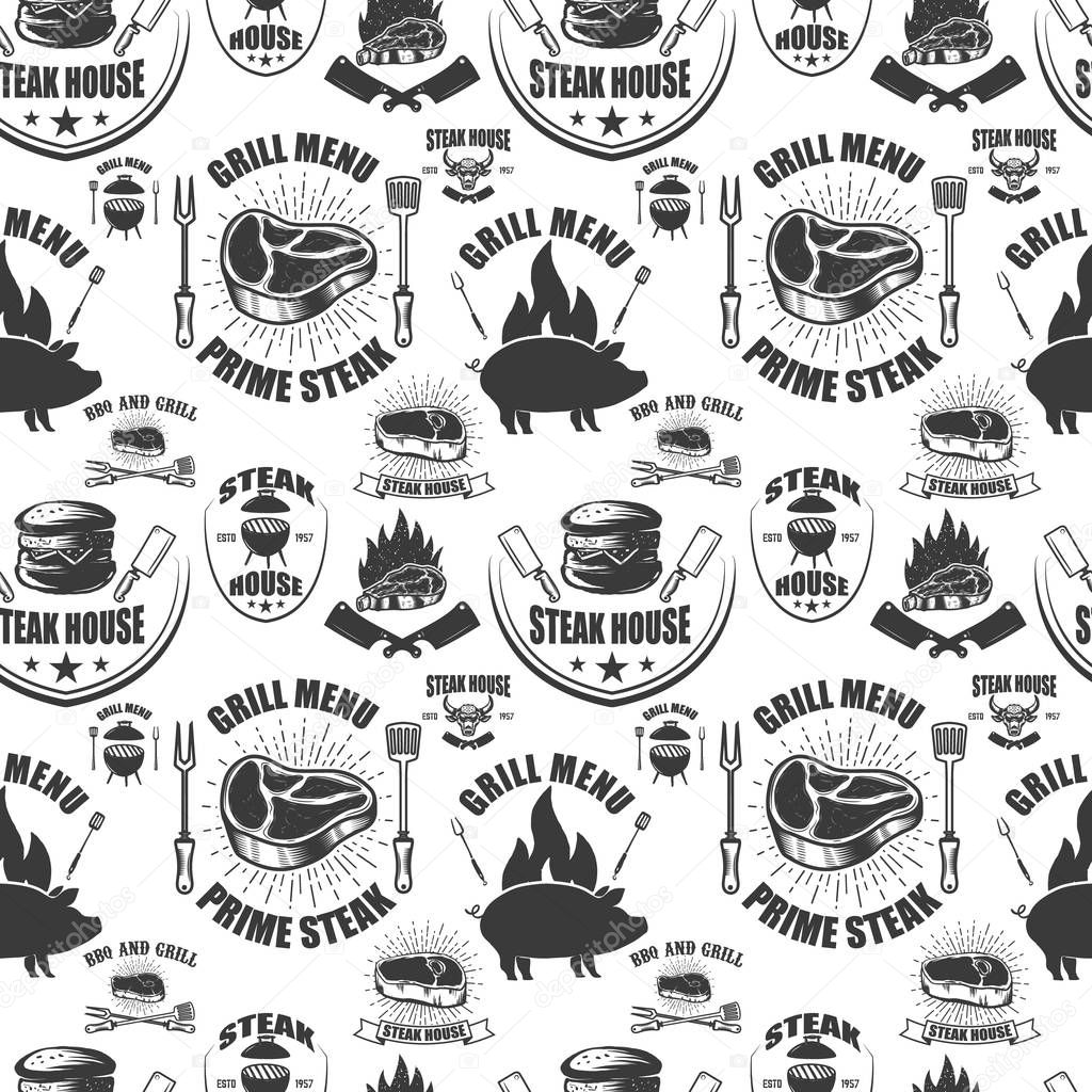 Seamless pattern with steak house symbols. Grill, bbq, fresh meat. Design element for poster, menu, flyer, banner, menu, package. Vector illustration