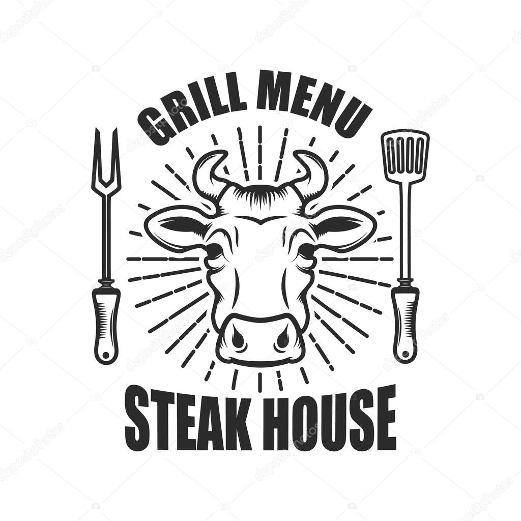 Steakhouse. Emblem template with cow head and kitchen tools. Vector illustration