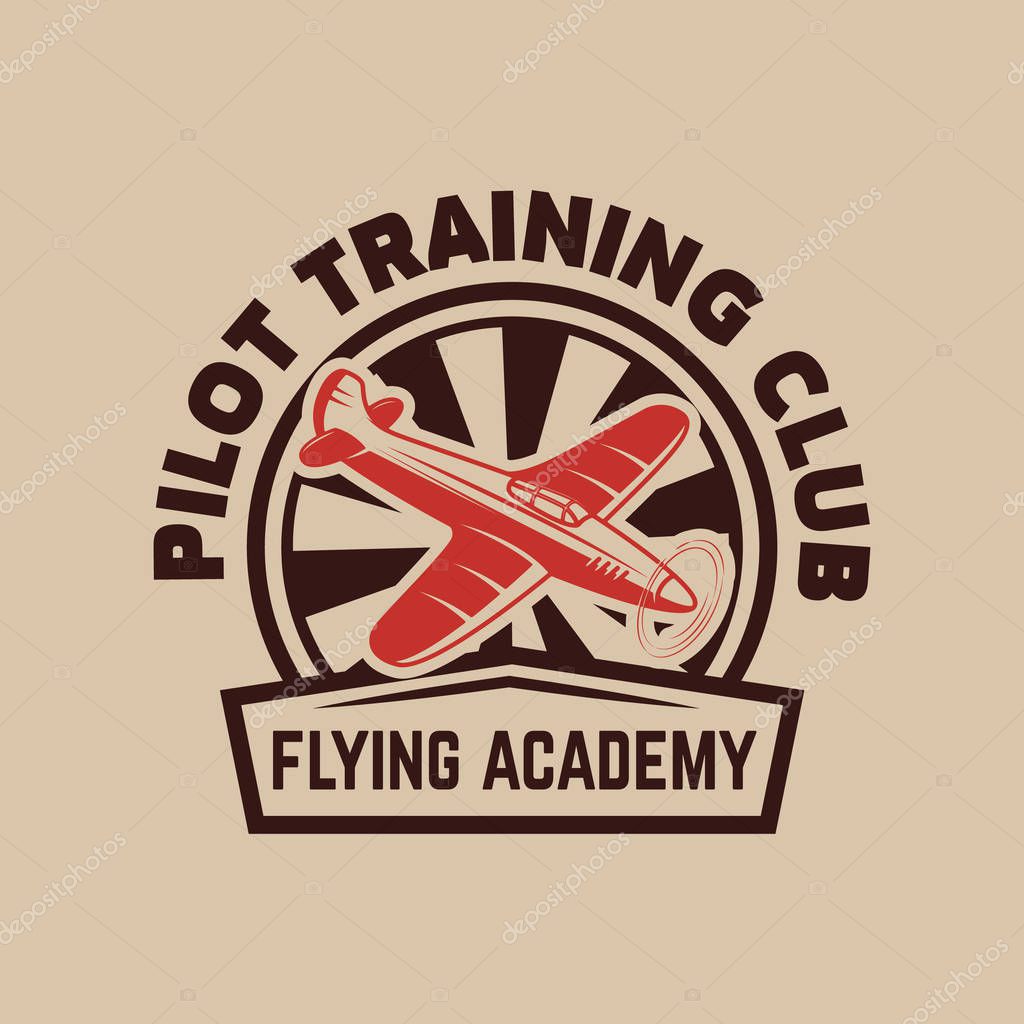 Aviation training center emblem template with retro airplane. Design element for logo, label, emblem, sign. Vector illustration