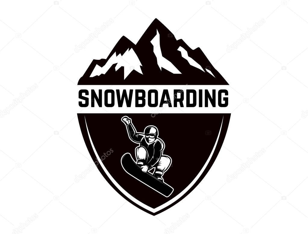Extreme. Emblem with snowboarder. Design element for logo, label, emblem, sign. Vector illustration