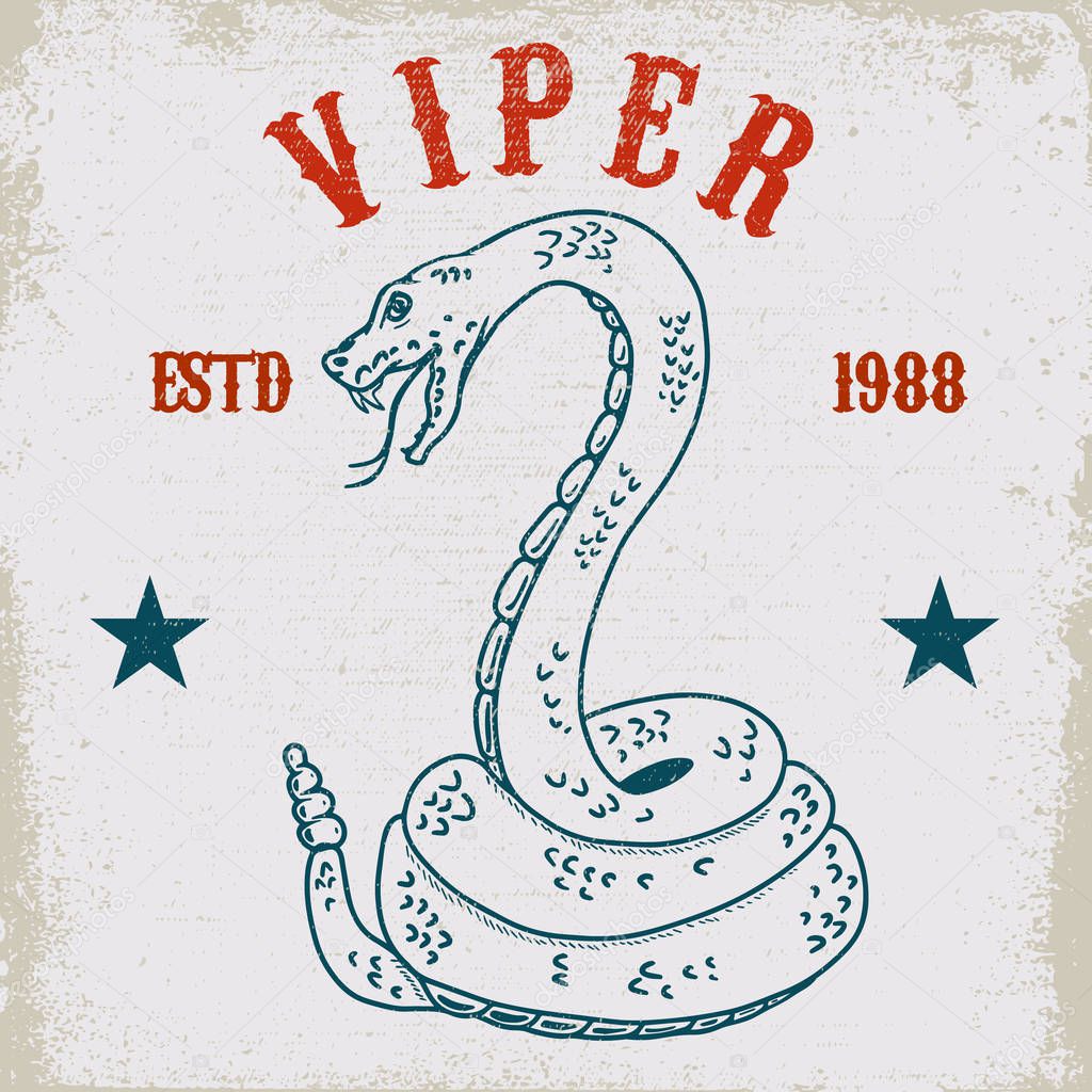 Viper snake illustration on grunge background. Design element for poster, card, t shirt, emblem. Vector image