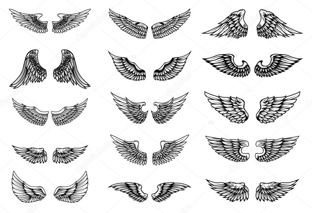 Set of bird wings illustrations in tattoo style. Design element for emblem, sign, logo, label. Vector image