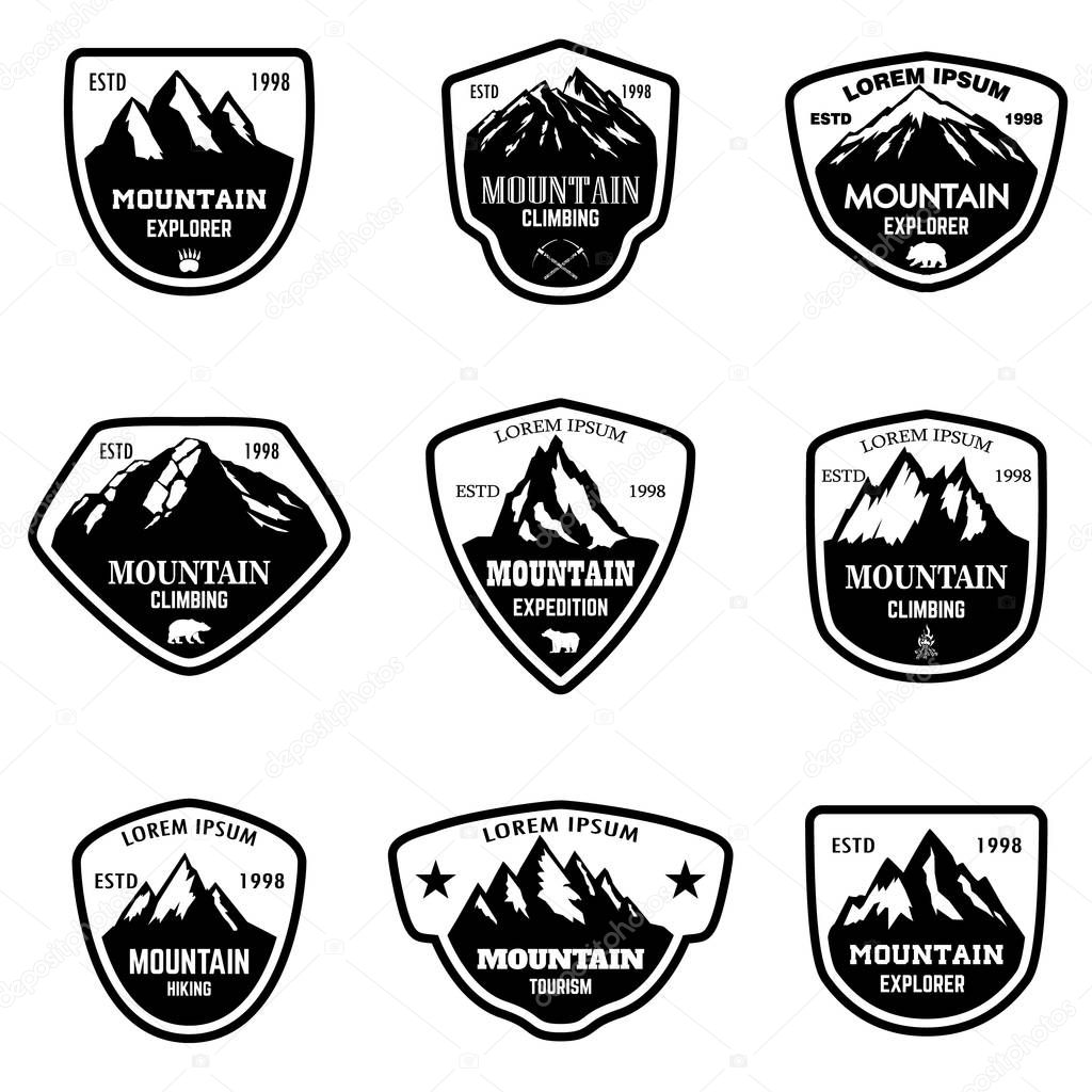 Set of mountain tourism, hiking emblems. Design element for logo, label, emblem, sign. Vector illustration