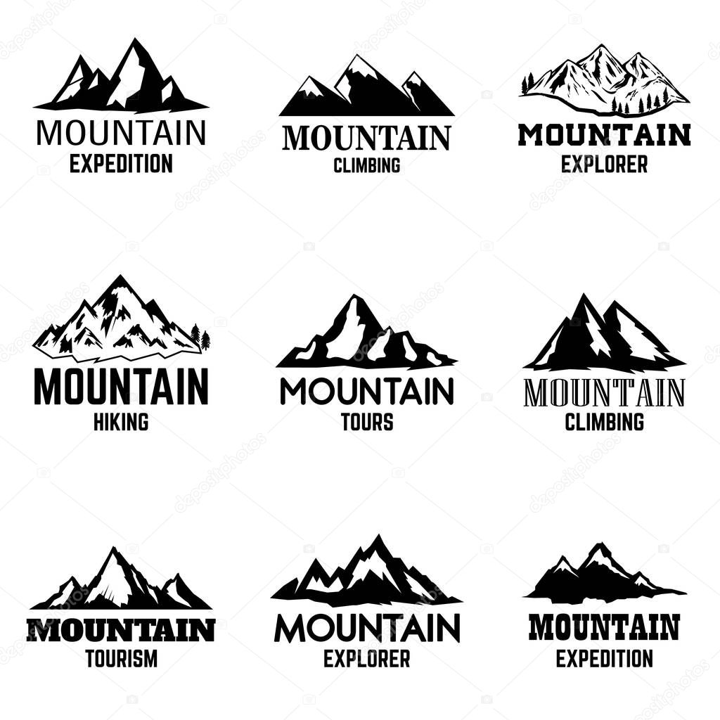 Set of mountain icons isolated on light background. Design elements for logo, label, emblem, sign. Vector illustration