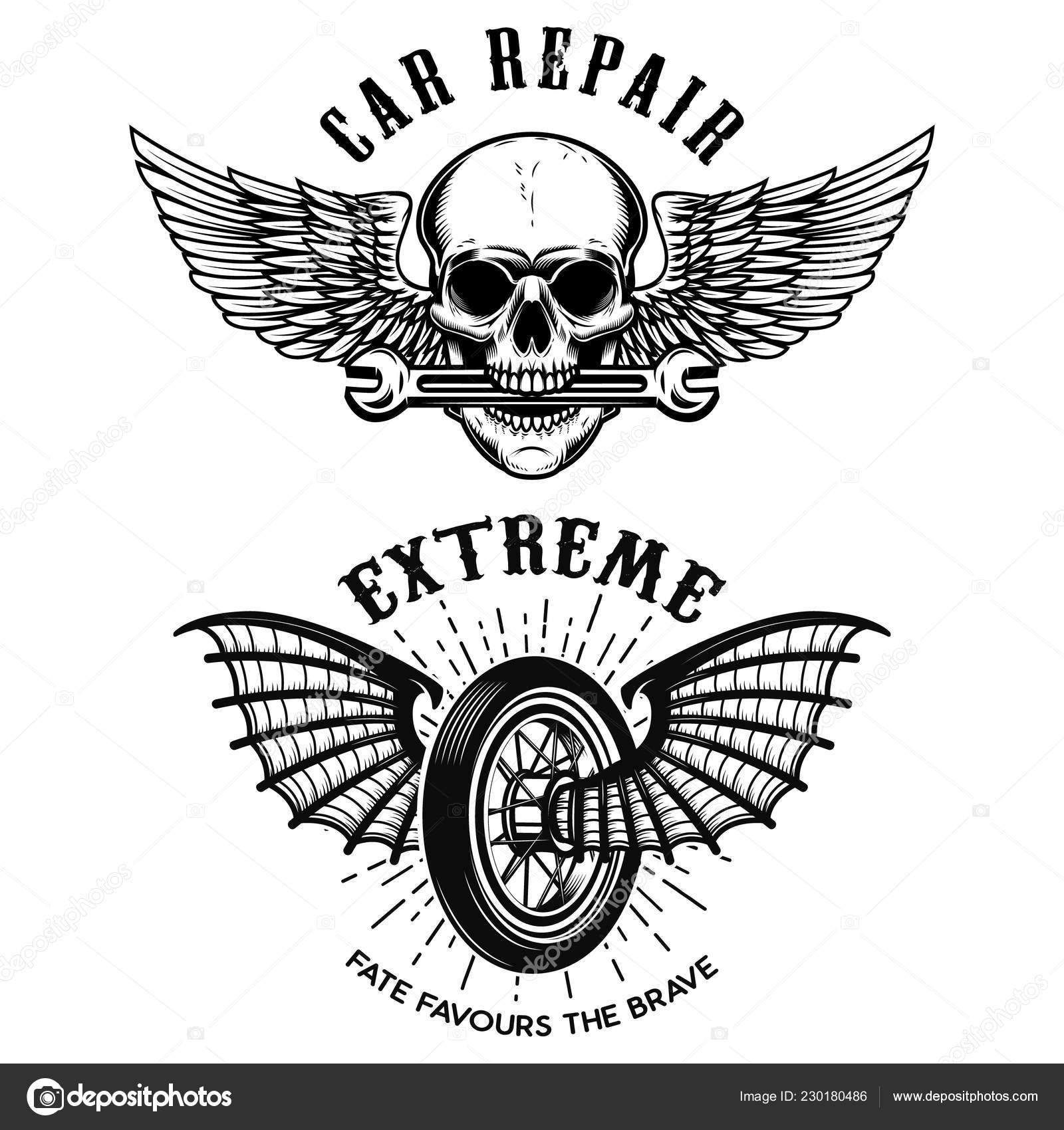 Embleme Für Autoreparaturen Rad Mit Flügeln Schädel Mit Flügeln Und  Stock-Vektorbild von ©art-l@i.ua 230180486, image size:1600x1700