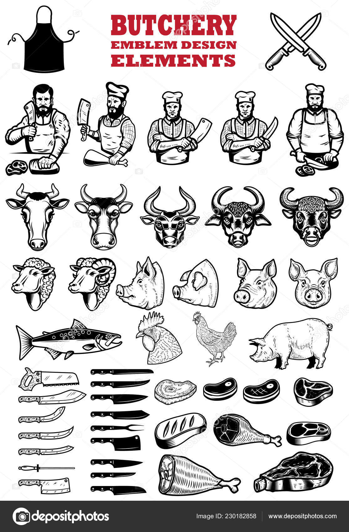 Set Butchery Meat Shop Design Elements Butchers Pork Chicken Cow