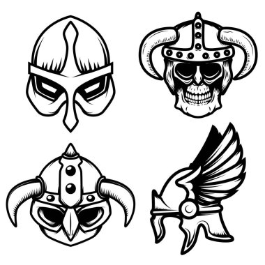 Beyaz arka plan üzerinde izole viking kask kümesi. Tasarım öğesi logosu, etiket, işaret için. Vektör görüntü