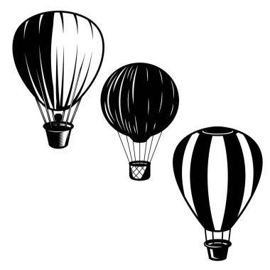 Hava balonları çizimleri kümesi. Logo, amblem, etiket işareti için öğe tasarlayın. Vektör görüntü