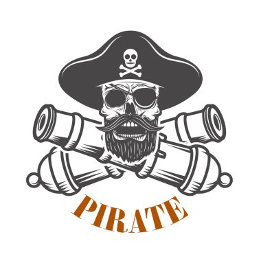 korsanlar. Toplar ve korsan kafatası amblemi şablonu. Logo, amblem, etiket işareti için öğe tasarlayın. Vektör çizim