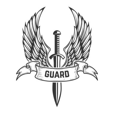 Muhafız. Ortaçağ kılıç kanatlı. Tasarım öğesi için logo, etiket, arma, işaret, rozet. Vektör çizim 