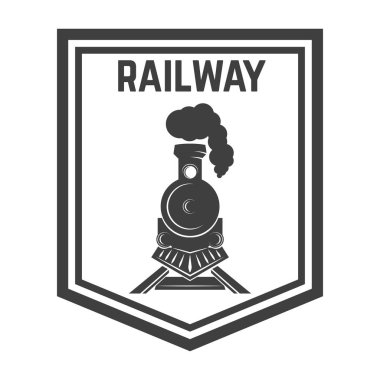 Retro tren amblemi şablonu. Tren yolu. Lokomotif. Logo, amblem, etiket işareti için öğe tasarlayın. Vektör çizim