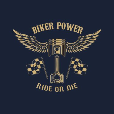 Motorcu güç. Piston kanatlı. Tasarım öğesi için logo, etiket, arma, işaret, rozet. Vektör çizim 