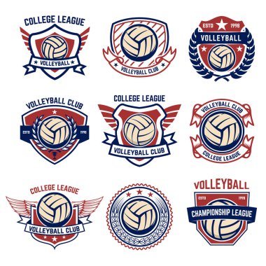 Beyaz arka plan üzerinde voleybol Amblemler. Tasarım öğesi için logo, etiket, arma, işaret, rozet. Vektör çizim