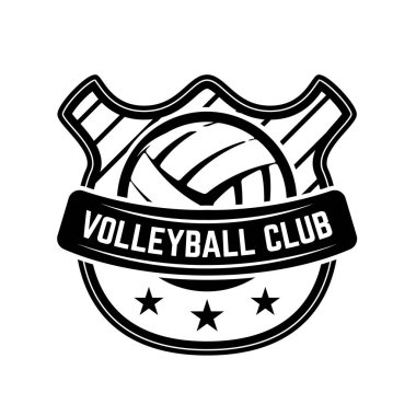Beyaz arka plan üzerinde izole voleybol topu amblemi şablonu. Logo, amblem, etiket işareti için öğe tasarlayın. Vektör çizim