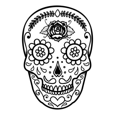 Meksika şeker kafatası Illustration. Ölülerin günü. Dia de los muertos. Tasarım öğesi için logo, etiket, arma, işaret, poster, t gömlek. Vektör çizim
