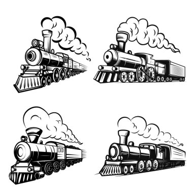 Beyaz arka plan üzerinde retro lokomotifler kümesi. Tasarım öğeleri için logo, etiket, arma, işaret. Vektör görüntü