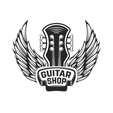 Gitar dükkanı. Gitar kafa kanatlı. Rock and roll. Logo, amblem, etiket işareti için öğe tasarlayın. Vektör çizim