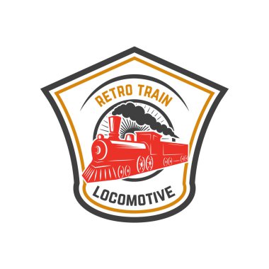 Retro tren amblemi şablonu. Tren yolu. Lokomotif. Logo, amblem, etiket işareti için öğe tasarlayın. Vektör çizim