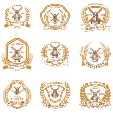 Buğday unu Amblemler kümesi. Tasarım öğesi işareti, rozet, etiket, poster, kart için. Vektör görüntü