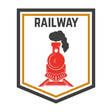 Retro tren amblemi şablonu. Tren yolu. Lokomotif. Logo, amblem, etiket işareti için öğe tasarlayın. Vektör çizim