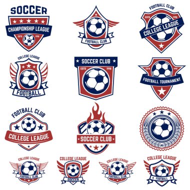 Futbol, futbol Amblemler kümesi. Logo, amblem, etiket işareti için öğe tasarlayın. Vektör çizim