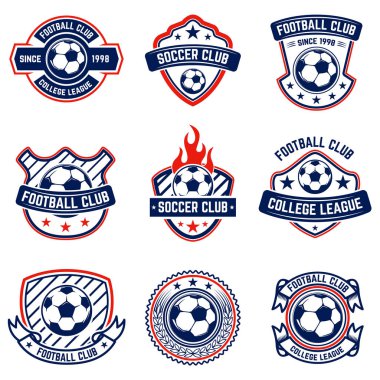 Futbol, futbol Amblemler kümesi. Logo, amblem, etiket işareti için öğe tasarlayın. Vektör çizim