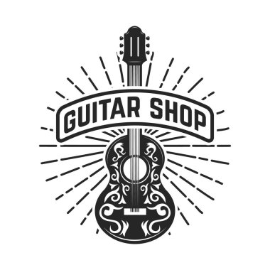 Gitar dükkanı. Rock and roll. Logo, amblem, etiket işareti için öğe tasarlayın. Vektör çizim