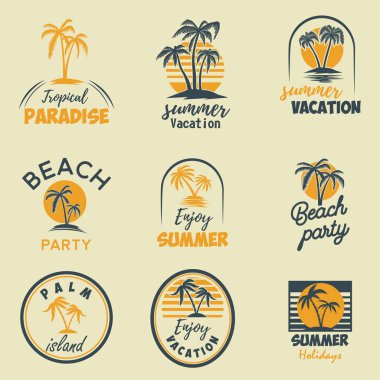 Yaz amblem ve tasarım öğeleri kümesi. Tasarım öğesi logosu, etiket, poster, yazdırma, kart, afiş, işaret için. Vektör görüntü