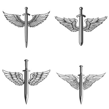 Amblem ortaçağ kılıç ve kanatları kümesi. Logo, amblem, etiket işareti için öğe tasarlayın. Vektör çizim