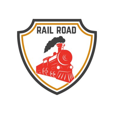 Retro tren amblemi şablonu. Tren yolu. Lokomotif. Logo, amblem, etiket işareti için öğe tasarlayın. Vektör çizim