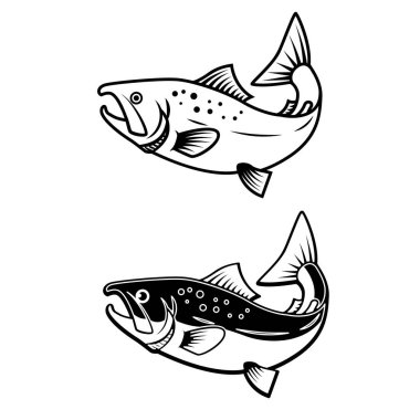 Beyaz zemin üzerine somon simgeler kümesi. Logo, amblem, etiket işareti için öğe tasarlayın. Vektör çizim