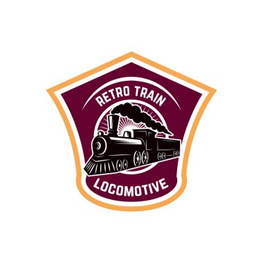 Retro tren amblemi şablonu. Tren yolu. Lokomotif. Logo, amblem, etiket işareti için öğe tasarlayın. Vektör çizim