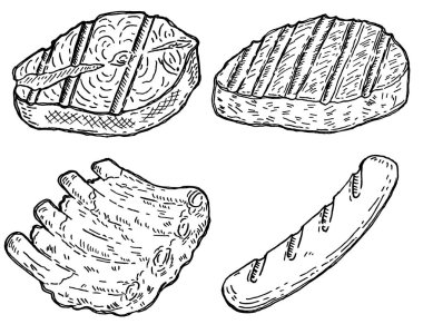 El kümesi ızgara et çizilmiş. Izgara somon, kızarmış biftek, sosis, kavrulmuş kaburga. Restoran dekorasyonu, poster, afiş, menü, el ilanı için tasarım öğeleri. Vektör çizim