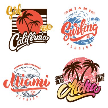 Hawaii sörf kulübü. Miami. Yazı ve avuç içi ile poster şablonları. Vektör görüntü