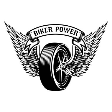 Motorcu güç. Beyaz arka plan üzerinde izole kanatlı tekerlekli. Logo, amblem, etiket işareti için öğe tasarlayın. Vektör çizim