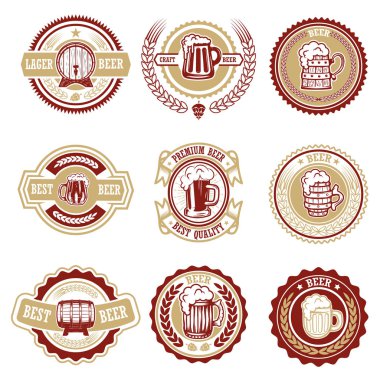Vintage bira etiket kümesi. Tasarım logo, etiket, arma, işaret, menü öğeleri. Vektör çizim