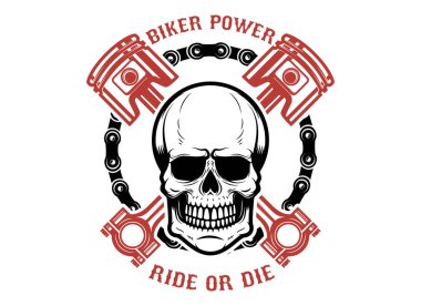Motorcu güç, binmek ya da öl. İnsan kafatası ile çapraz pistonlar. Logo, amblem, etiket işareti için öğe tasarlayın. Vektör çizim