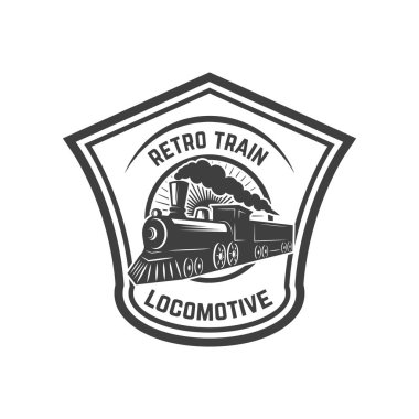 Retro tren amblemi şablonu. Tren yolu. Lokomotif. Logo, amblem, etiket işareti için öğe tasarlayın. Vektör çizim