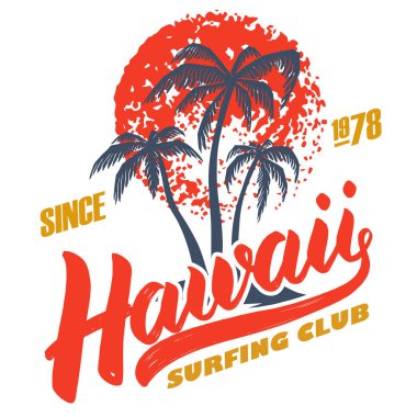 Hawaii sörf kulübü. Yazı ve avuç içi ile poster şablonu. Vektör görüntü