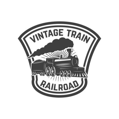 Retro tren amblemi şablonu. Tren yolu. Lokomotif. Logo, amblem, etiket işareti için öğe tasarlayın. Vektör çizim