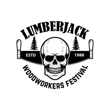 oduncu. El testere ve kafatası amblemi şablonu. Logo, amblem, etiket işareti için öğe tasarlayın. Vektör çizim