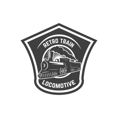 Retro tren amblemi şablonu. Tren yolu. Lokomotif. Logo, amblem, etiket işareti için öğe tasarlayın. Vektör çizim